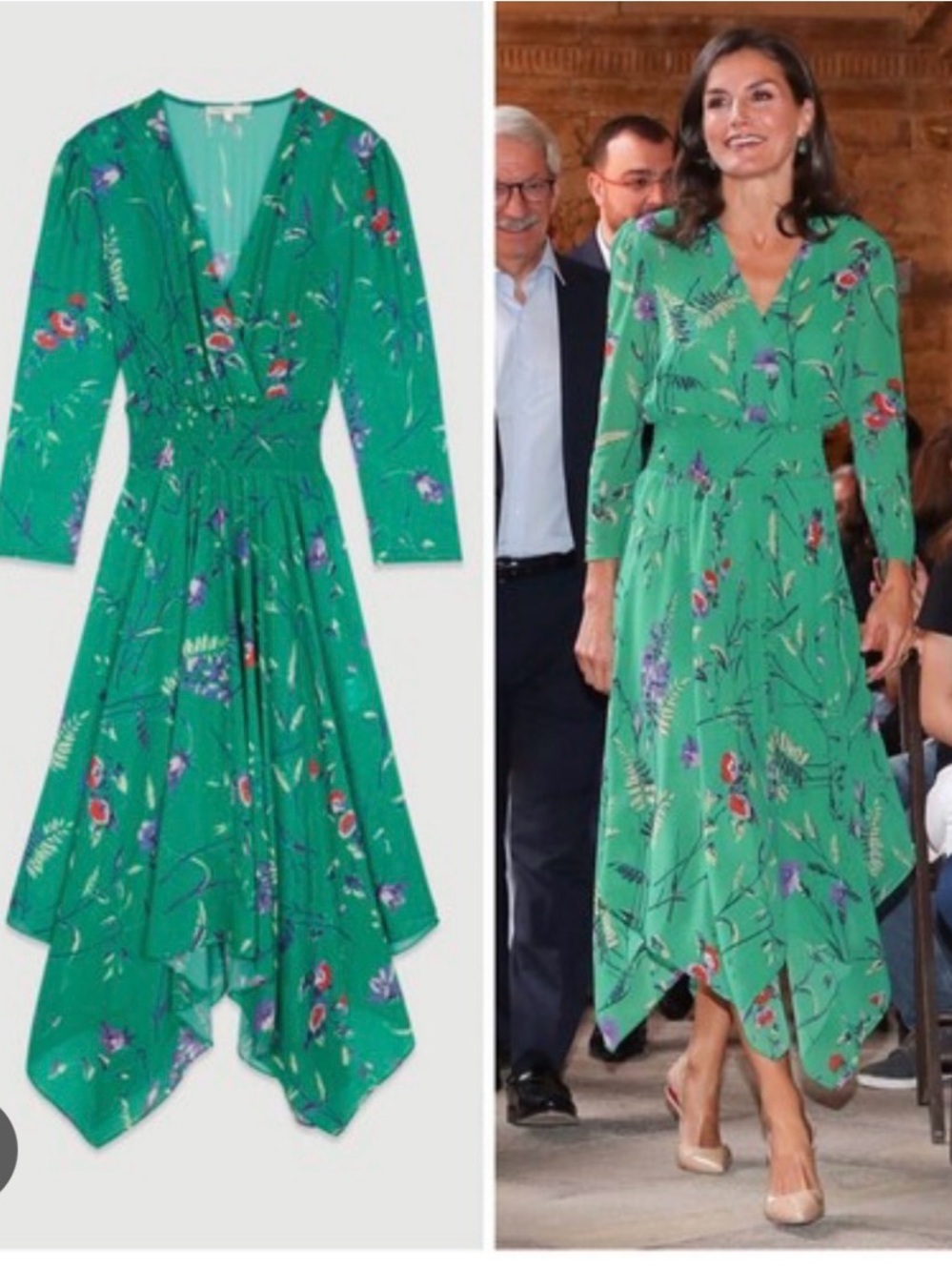 Maje Green Floral V-Neck Midi Dress - as worn by Queen Leticia of Spain